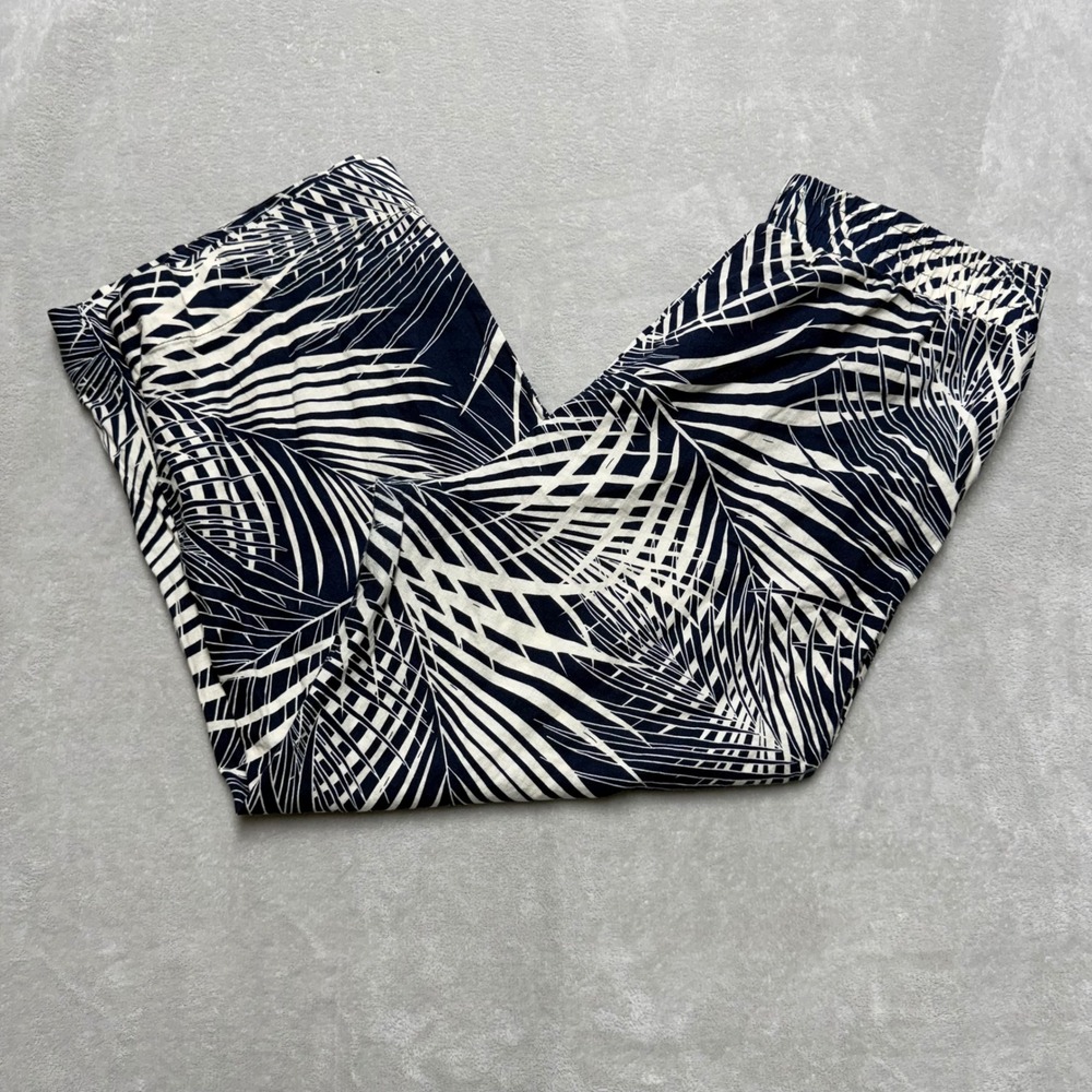 Panama Jack Womens XL Linen Blend Wide Leg Tropical Palm Print Pants Navy White